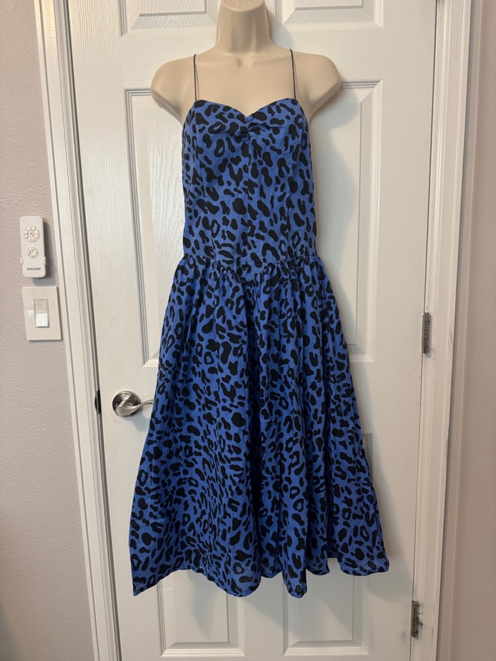 Blue Leopard-Print Spaghetti Strap 80s Dress. Vintage!
